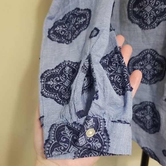 LOFT Women's Boho Blue Medallion Blouson Sleeve Cotton Button Up Tunic Top Small - Picture 5 of 13
